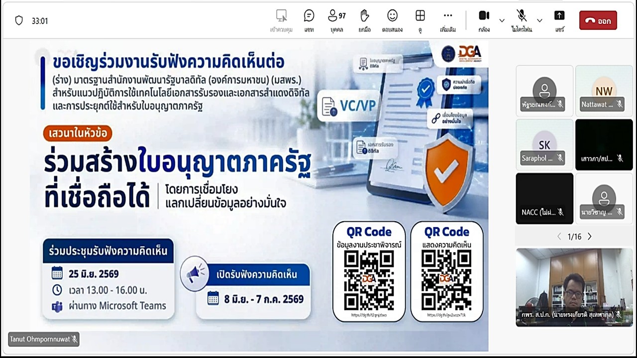 title - เข้าร่วมประชุมรับฟัง และให้ข้อคิดเห็นต่อ (ร่าง) มาตรฐานสำนักงานพัฒนารัฐบาลดิจิทัล องค์การมหาชน (มสพร.) สำหรับแนวปฏิบัติการใช้เทคโนโลยีเอกสารรับรองและเอกสารสำแดงดิจิทัล และการประยุกต์ใช้สำหรับใบอนุญาตภาครัฐ ผ่านสื่ออิเล็กทรอนิกส์ (ประชุมผ่านระบบออนไลน์ Microsoft Teams) สำนักงานพัฒนารัฐบาลดิจิทัล (สพร.) 